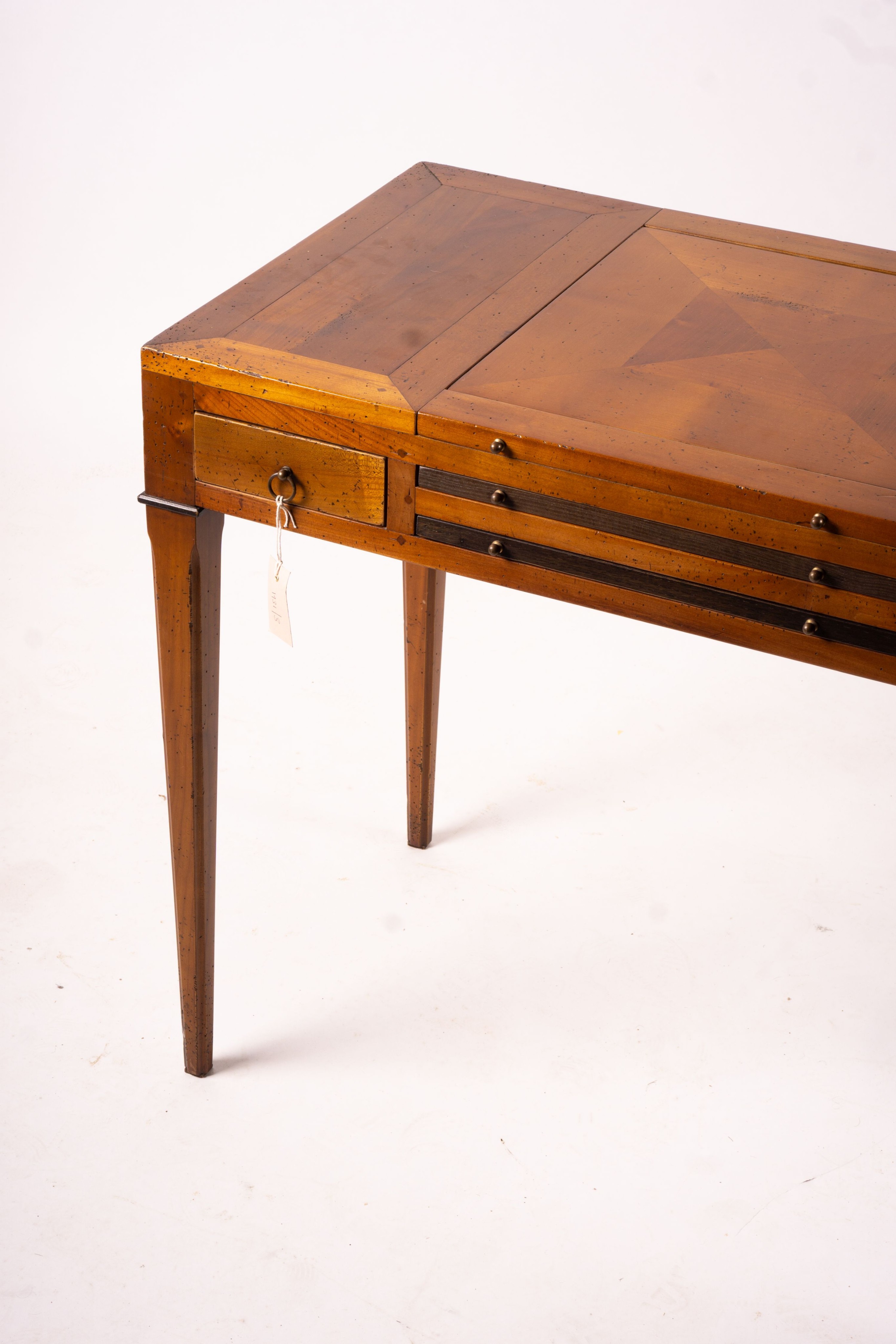 A George III style cherry wood games table with backgammon and chess interior, width 90cm, depth 50cm, height 75cm